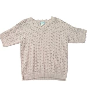 Vintage Scalloped Knit Top Women's Large V Neck Short Sleeve Sweater USA Made